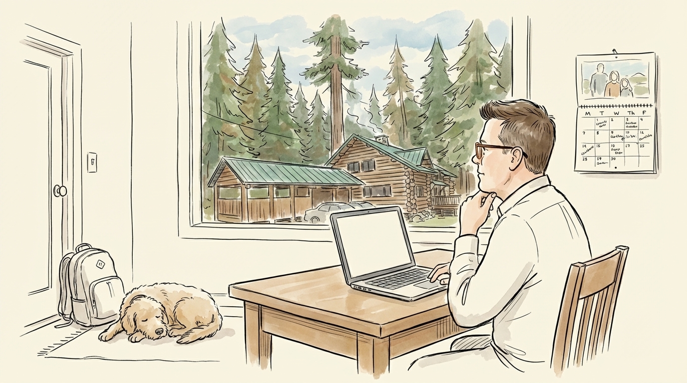 A man at a desk, looking out the window — thinking about life beyond the screen