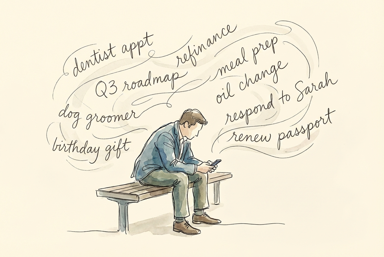 A person surrounded by the swirling cloud of modern life's invisible mental load