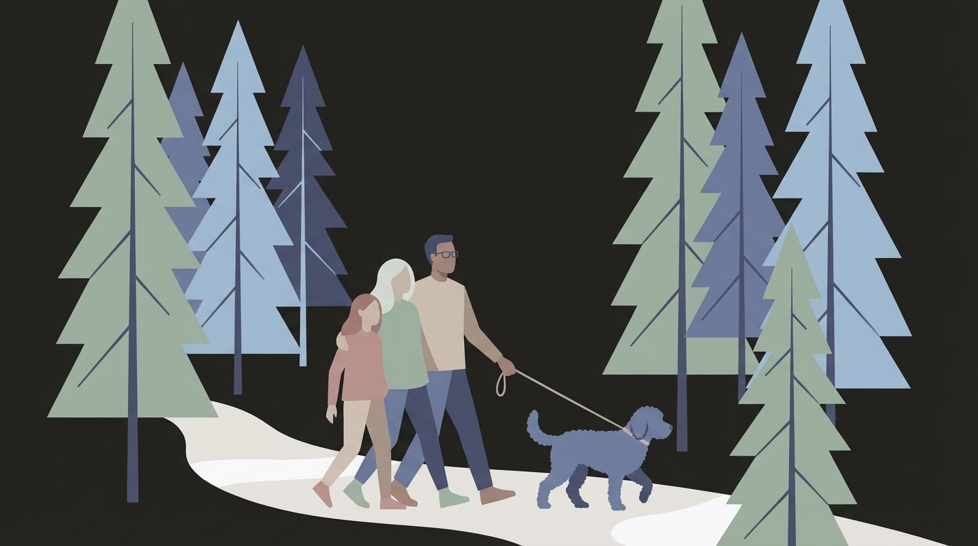 A family walking together on a forest trail — present, unhurried, grounded
