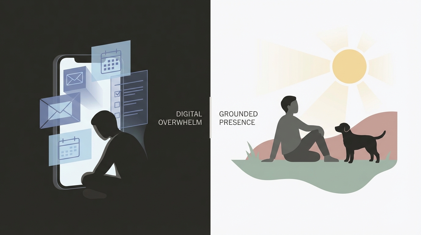The split between digital overwhelm and grounded presence — the concept of touching grass