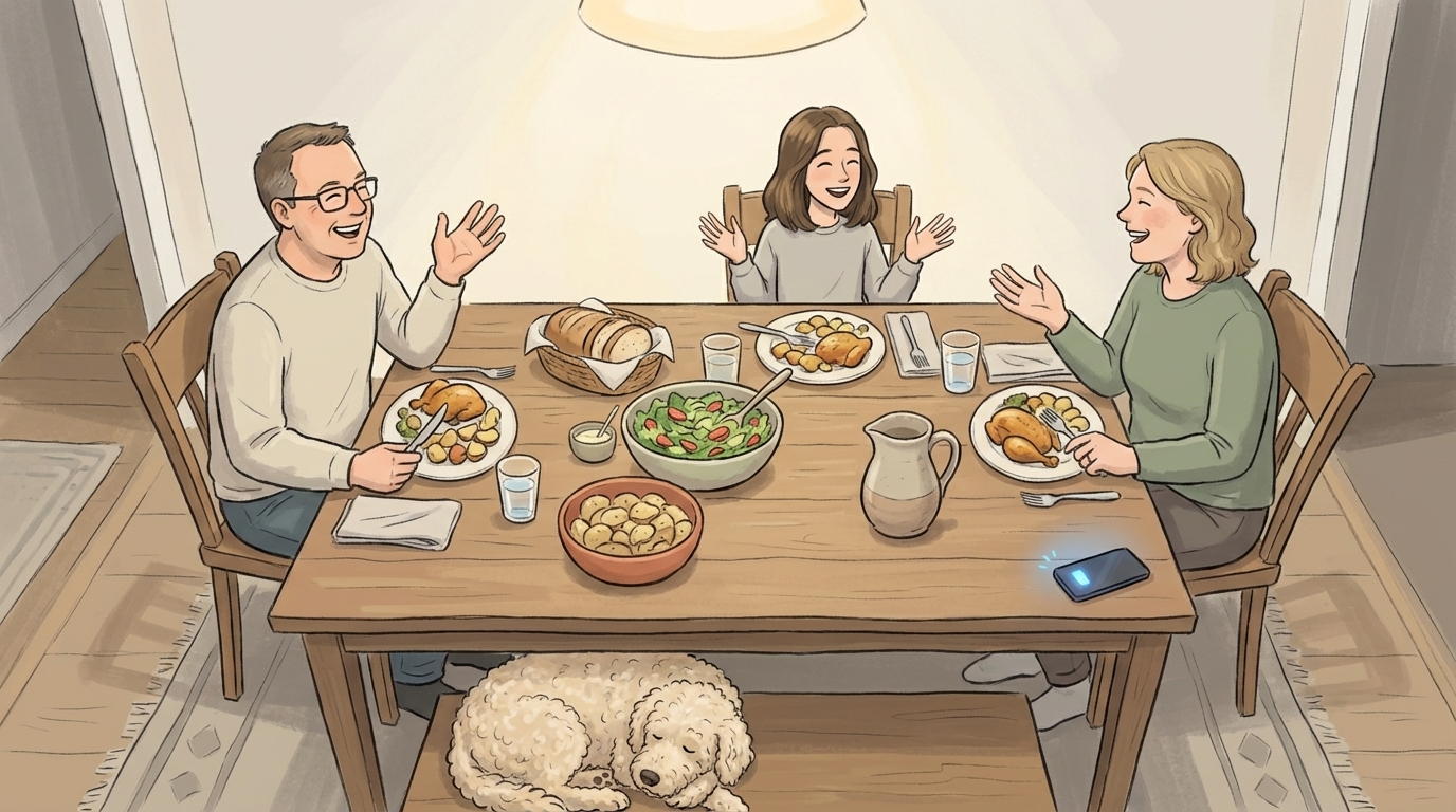 A family at dinner together — present, connected, no devices