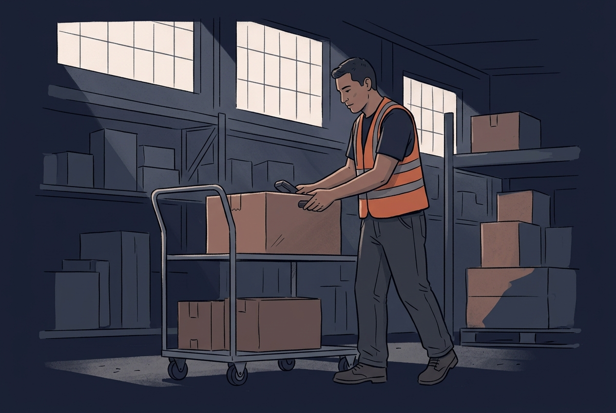 Miguel in safety vest working in a warehouse, morning light