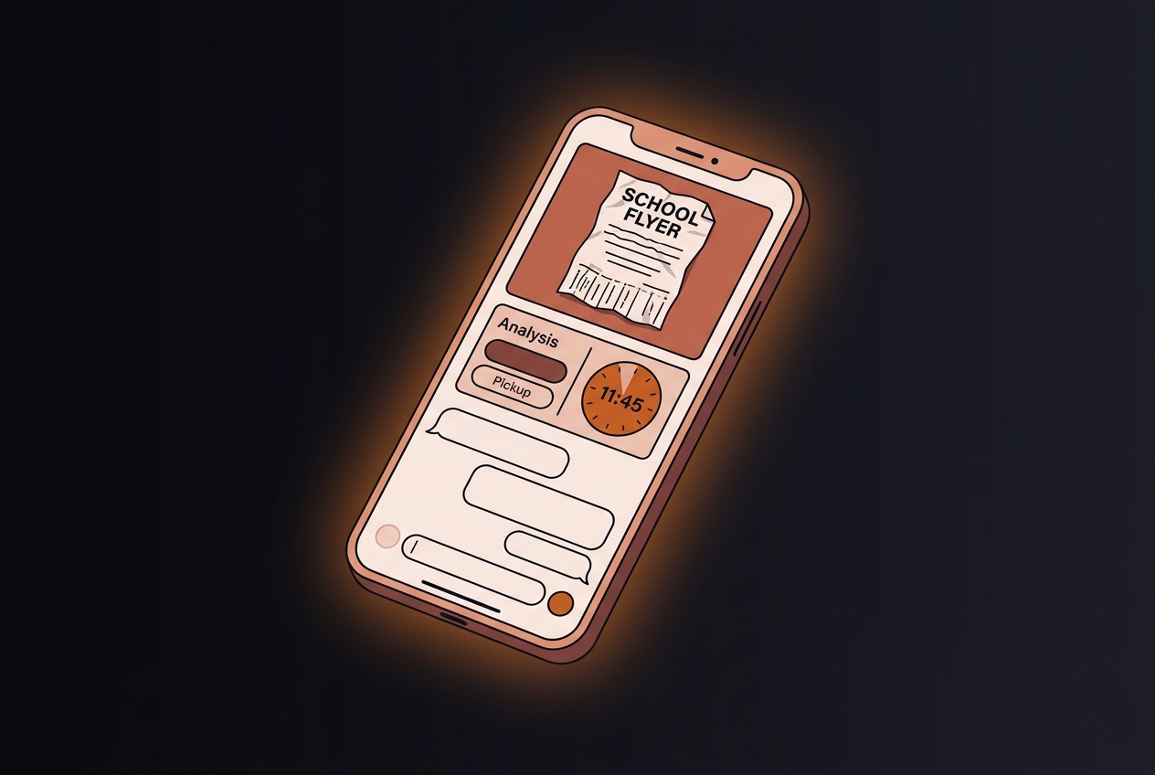 Floating phone screen showing a school flyer being analyzed by Backlit