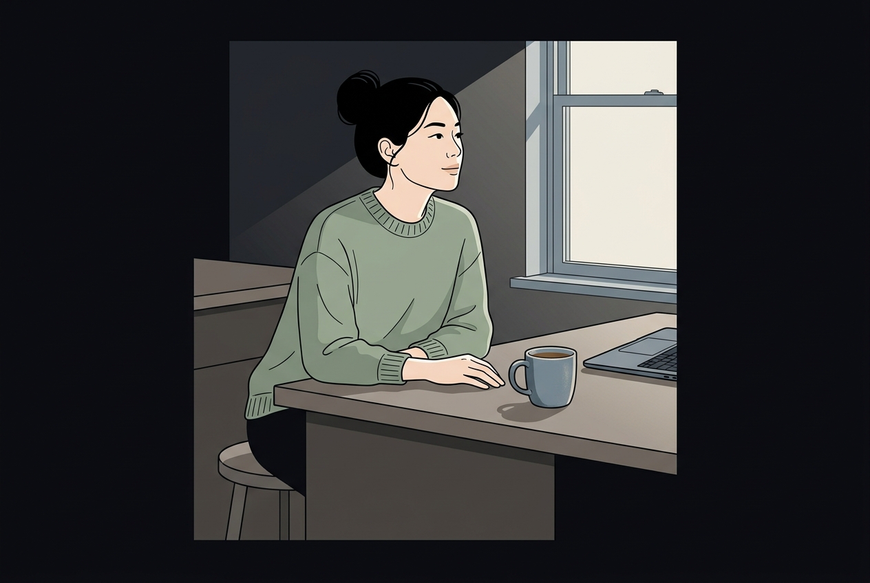 Sara at kitchen island, relaxed, phone showing sent messages